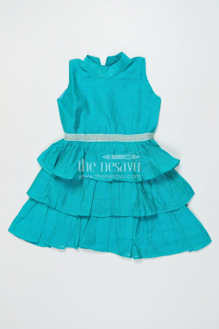 The Nesavu Girls Chanderi Frock Girls Chanderi Cotton Frock for Festivals and School Ethnic Day Nesavu 18 (2Y) / Blue GFC2011F-18 Nesavu girls traditional chanderi frock blue ethnic school functions family events