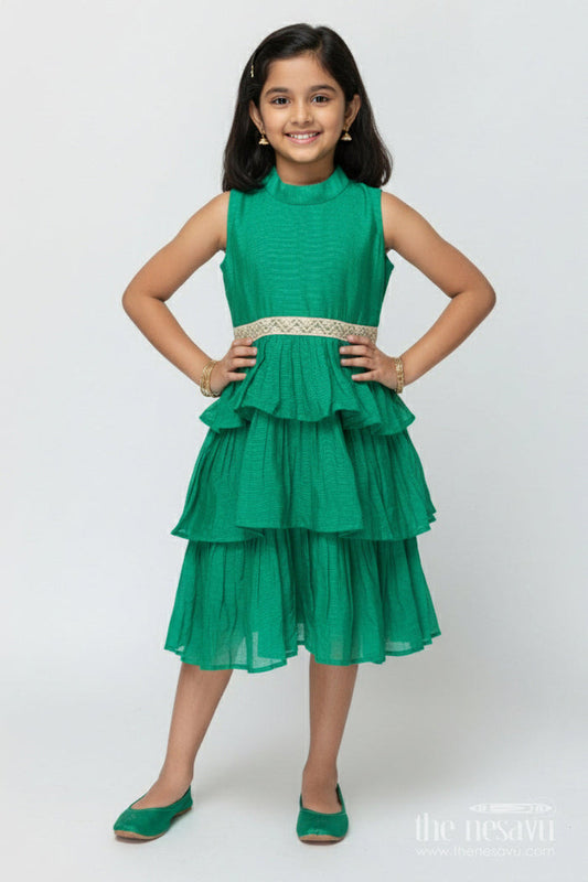 The Nesavu Girls Chanderi Frock Girls Chanderi Cotton Frock for Festive Wear and Special Occasions Nesavu 18 (2Y) / Green GFC2011A-18 Nesavu girls green chanderi frock festive occasions cultural events family gatherings