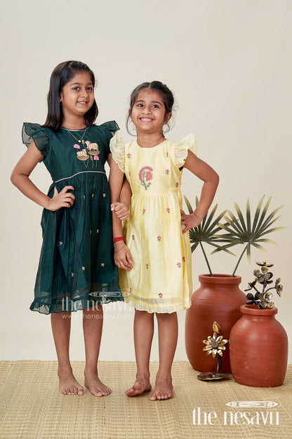 The Nesavu Girls Chanderi Frock Girls Chanderi Cotton Frock Style with Elephant Lotus Embroidery and Pleated Skirt in Forest Green Nesavu Nesavu Girls Chanderi Cotton Frock Style Elephant Lotus Embroidery Frill Detailing