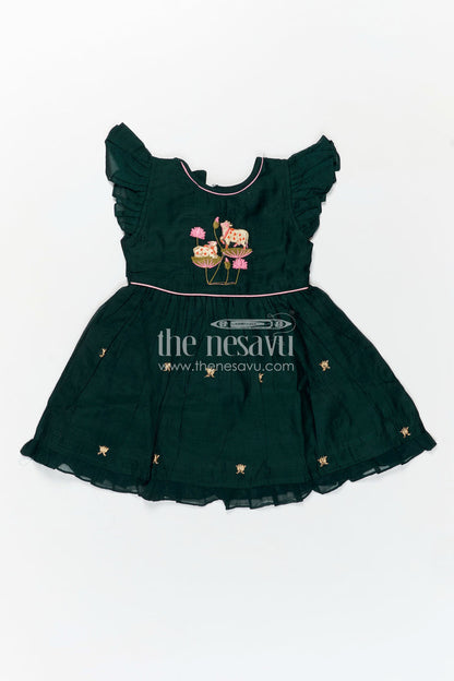 The Nesavu Girls Chanderi Frock Girls Chanderi Cotton Frock Style with Elephant Lotus Embroidery and Pleated Skirt in Forest Green Nesavu Nesavu Girls Chanderi Cotton Frock Style Elephant Lotus Embroidery Frill Detailing