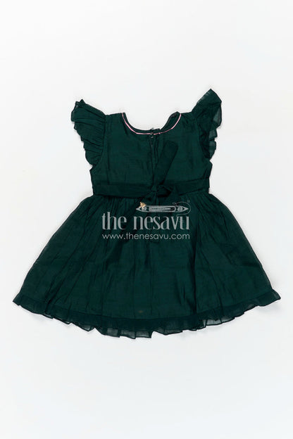 The Nesavu Girls Chanderi Frock Girls Chanderi Cotton Frock Style with Elephant Lotus Embroidery and Pleated Skirt in Forest Green Nesavu Nesavu Girls Chanderi Cotton Frock Style Elephant Lotus Embroidery Frill Detailing
