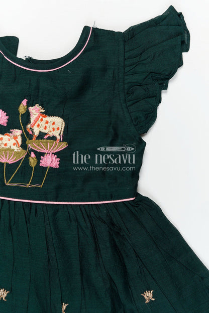 The Nesavu Girls Chanderi Frock Girls Chanderi Cotton Frock Style with Elephant Lotus Embroidery and Pleated Skirt in Forest Green Nesavu Nesavu Girls Chanderi Cotton Frock Style Elephant Lotus Embroidery Frill Detailing