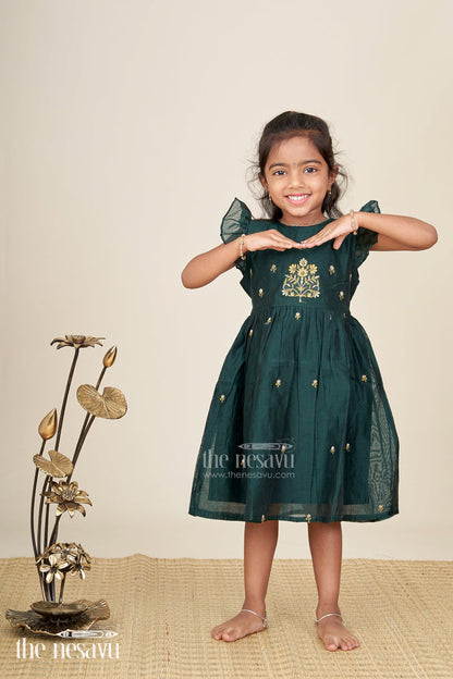 The Nesavu Girls Chanderi Frock Girls Chanderi Cotton New Design Frock with Gold Thread Embroidery and Frilled Sleeves in Deep Green Nesavu 16 (1Y) / Green GFC997AB-16 Nesavu Girls Chanderi Cotton Frock Floral Thread Embroidery Frilled Sleeves Everyday Elegance