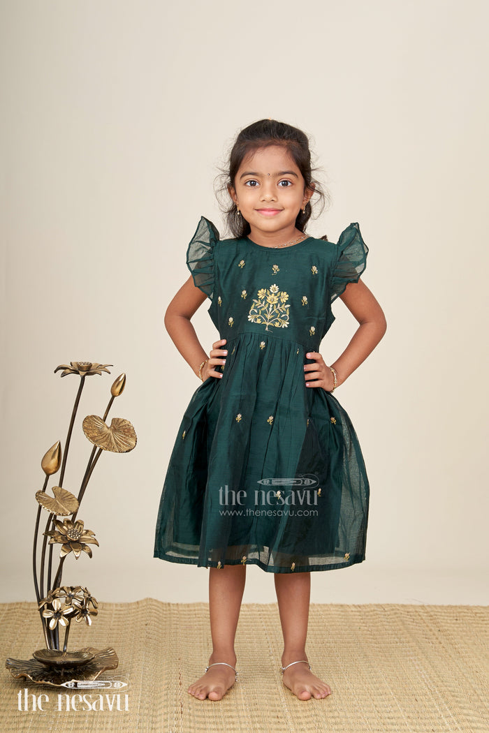 The Nesavu Girls Chanderi Frock Girls Chanderi Cotton New Design Frock with Gold Thread Embroidery and Frilled Sleeves in Deep Green Nesavu Nesavu Girls Chanderi Cotton Frock Floral Thread Embroidery Frilled Sleeves Everyday Elegance