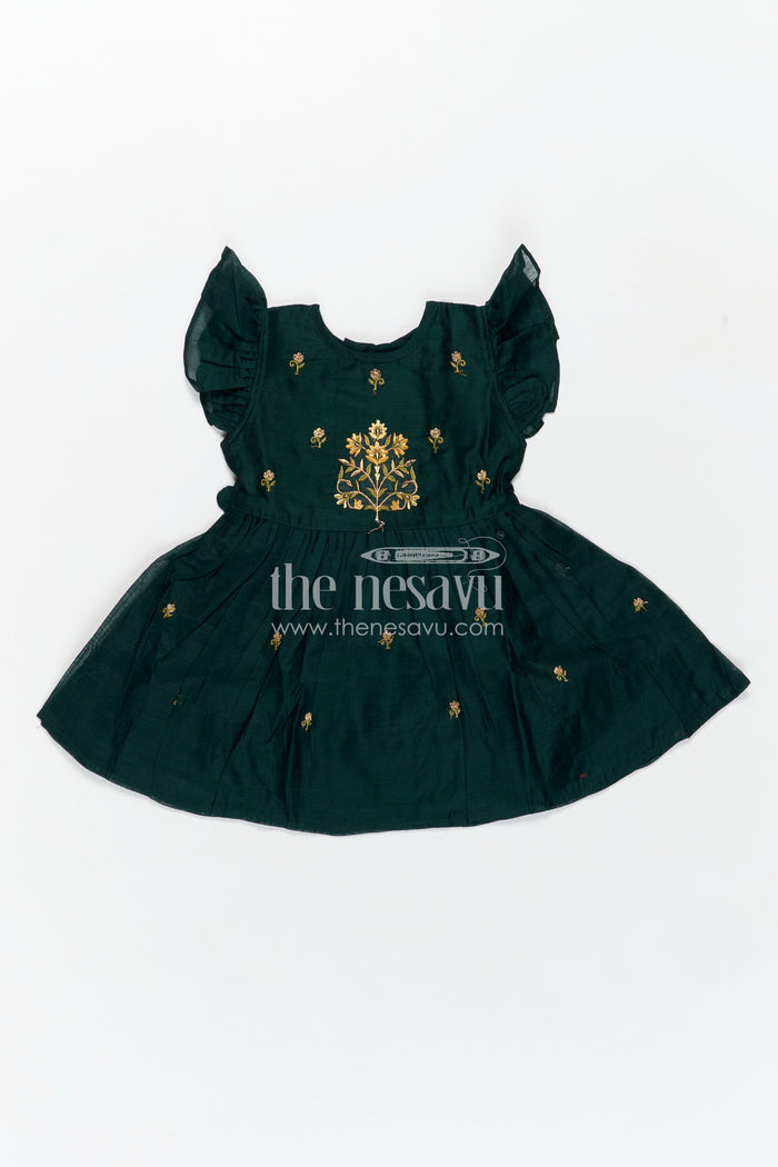 The Nesavu Girls Chanderi Frock Girls Chanderi Cotton New Design Frock with Gold Thread Embroidery and Frilled Sleeves in Deep Green Nesavu Nesavu Girls Chanderi Cotton Frock Floral Thread Embroidery Frilled Sleeves Everyday Elegance