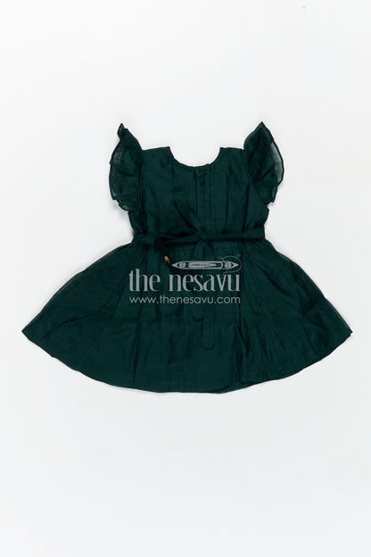 The Nesavu Girls Chanderi Frock Girls Chanderi Cotton New Design Frock with Gold Thread Embroidery and Frilled Sleeves in Deep Green Nesavu Nesavu Girls Chanderi Cotton Frock Floral Thread Embroidery Frilled Sleeves Everyday Elegance