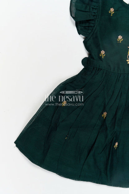The Nesavu Girls Chanderi Frock Girls Chanderi Cotton New Design Frock with Gold Thread Embroidery and Frilled Sleeves in Deep Green Nesavu Nesavu Girls Chanderi Cotton Frock Floral Thread Embroidery Frilled Sleeves Everyday Elegance