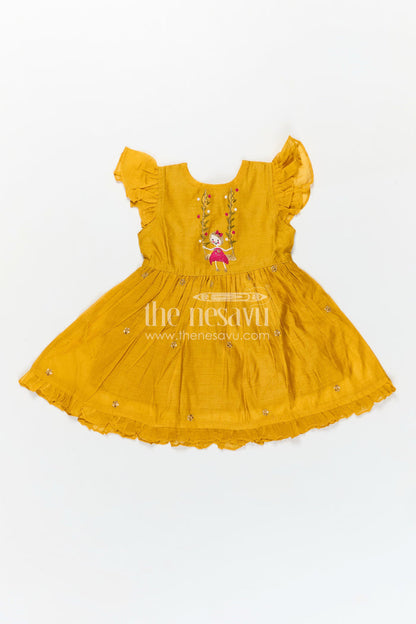 The Nesavu Girls Chanderi Frock Girls Chanderi Cotton Simple Frock Design with Swing Embroidery and Frill Sleeves in Honey Yellow Nesavu Nesavu Girls Chanderi Cotton Honey Yellow Frock Swing Motif Simple Frill Sleeve Design