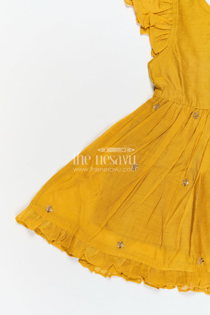 The Nesavu Girls Chanderi Frock Girls Chanderi Cotton Simple Frock Design with Swing Embroidery and Frill Sleeves in Honey Yellow Nesavu Nesavu Girls Chanderi Cotton Honey Yellow Frock Swing Motif Simple Frill Sleeve Design