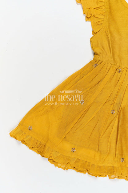 The Nesavu Girls Chanderi Frock Girls Chanderi Cotton Simple Frock Design with Swing Embroidery and Frill Sleeves in Honey Yellow Nesavu Nesavu Girls Chanderi Cotton Honey Yellow Frock Swing Motif Simple Frill Sleeve Design