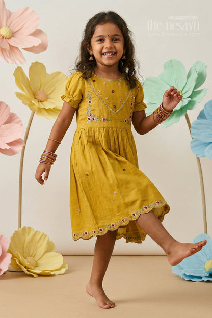 The Nesavu Girls Chanderi Frock Girls Chanderi Frock for Festive Celebrations and Family Gatherings Nesavu 18 (2Y) / Green / Chanderi GFC2153A-18 Nesavu Girls Chanderi Cotton Embroidered Frock For Festive Celebrations And Weddings