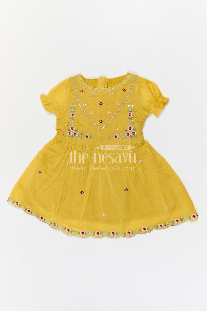 The Nesavu Girls Chanderi Frock Girls Chanderi Frock for Festive Celebrations and Family Gatherings Nesavu Nesavu Girls Chanderi Cotton Embroidered Frock For Festive Celebrations And Weddings