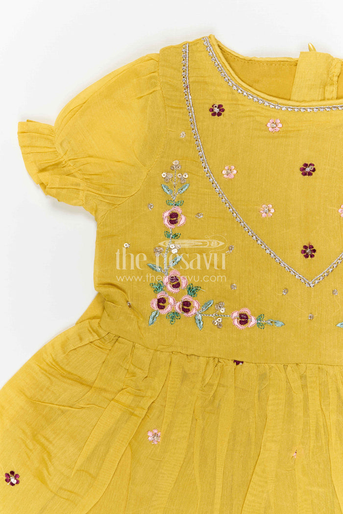 The Nesavu Girls Chanderi Frock Girls Chanderi Frock for Festive Celebrations and Family Gatherings Nesavu Nesavu Girls Chanderi Cotton Embroidered Frock For Festive Celebrations And Weddings