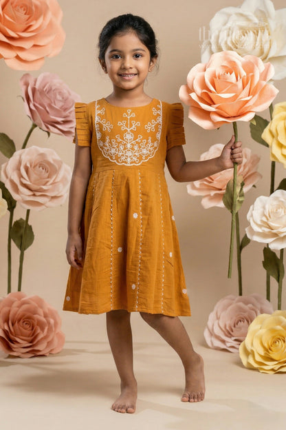 The Nesavu Girls Chanderi Frock Girls Chanderi Frock for Festive Gatherings and Traditional Celebrations Nesavu 18 (2Y) / Orange / Chanderi GFC2152A-18 Nesavu Girls Chanderi Cotton Embroidered Frock For Festive Gatherings And Traditional Events