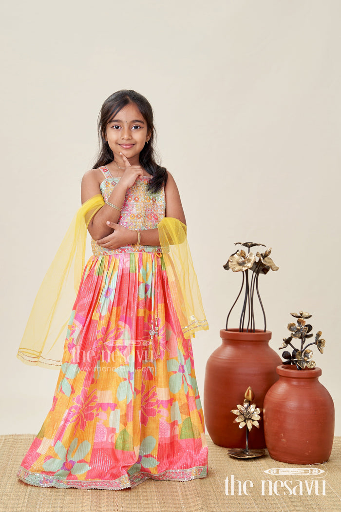 The Nesavu Girls Fancy Lehenga Girls Chaniya Choli in Vibrant Georgette Digital Print with Sequins and Multicolor Embroidered Blouse Nesavu 16 (1Y) / Yellow GL657A-16 Nesavu Multicolor Georgette Girls Chaniya Choli Sequins Embroidery Yellow Dupatta Set