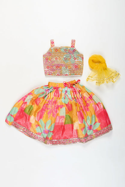 The Nesavu Girls Fancy Lehenga Girls Chaniya Choli in Vibrant Georgette Digital Print with Sequins and Multicolor Embroidered Blouse Nesavu Nesavu Multicolor Georgette Girls Chaniya Choli Sequins Embroidery Yellow Dupatta Set