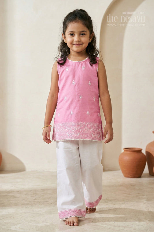 The Nesavu Girls Churidar Sets Girls Churidar Set for Festive Outings and Family Functions Nesavu 18 (2Y) / Pink / Cotton GPS990A-18 Nesavu girls cotton churidar set for festive outings and family functions with thread embroidery