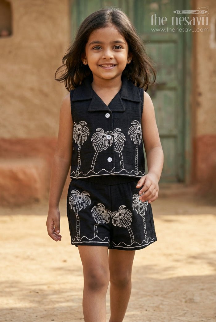The Nesavu Girls Co-Ord Sets Girls Co Ord Outfit for Travel Days and Casual Outings Nesavu 14 (6M) / Black / Muslin Cotton GCS039B-14 Nesavu Girls Muslin Cotton Co Ord Outfit For Travel And Outings With Embroidered Palm Design