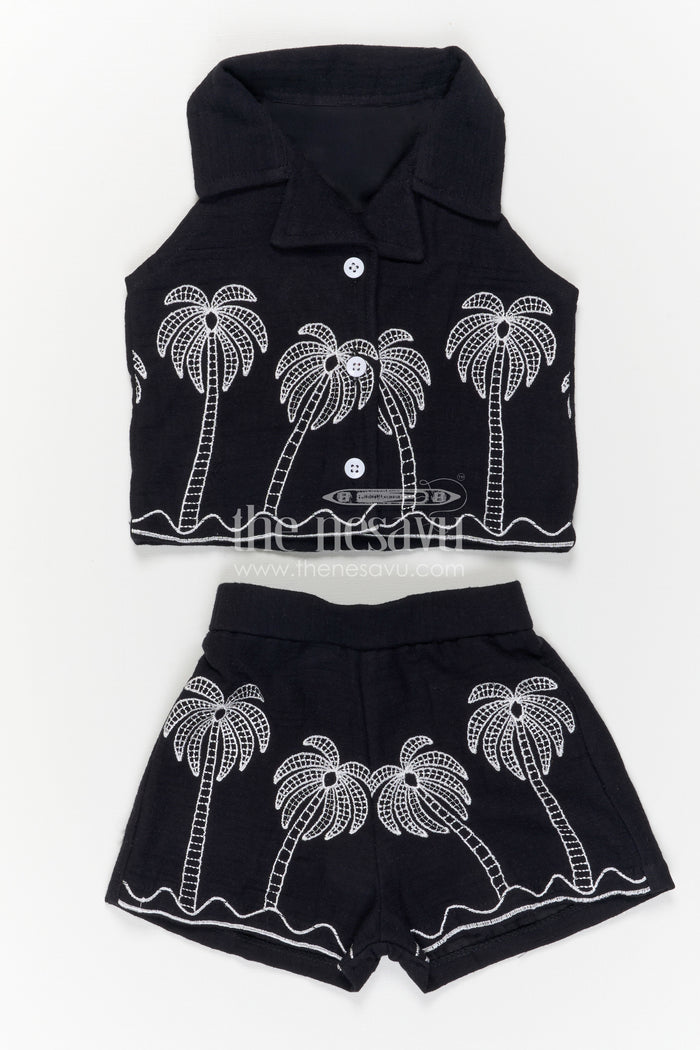 The Nesavu Girls Co-Ord Sets Girls Co Ord Outfit for Travel Days and Casual Outings Nesavu Nesavu Girls Muslin Cotton Co Ord Outfit For Travel And Outings With Embroidered Palm Design