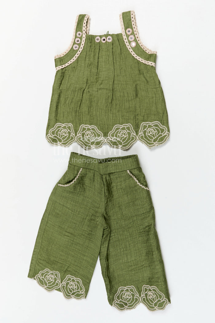 The Nesavu Girls Co-Ord Sets Girls Co Ord Set for Casual Outings and Summer Comfort Wear Nesavu 18 (2Y) / Green / Rayon GCS037A-18 Nesavu girls co ord set for casual outings with rayon cotton fabric and thread embroidery breathable summer wear