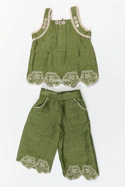 The Nesavu Girls Co-Ord Sets Girls Co Ord Set for Casual Outings and Summer Comfort Wear Nesavu 18 (2Y) / Green / Rayon GCS037A-18 Nesavu girls co ord set for casual outings with rayon cotton fabric and thread embroidery breathable summer wear