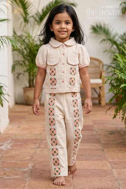 The Nesavu Girls Co-Ord Sets Girls Co Ord Set for Festive Wear and Family Gatherings Nesavu 24 (5Y) / Cream / Cotton GCS056A-24 Nesavu Girls Cotton Co Ord Set With Crochet Embroidery For Festive Wear And Stylish Outings