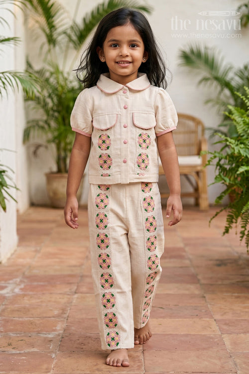 The Nesavu Girls Co-Ord Sets Girls Co Ord Set for Festive Wear and Family Gatherings Nesavu 24 (5Y) / Cream / Cotton GCS056A-24 Nesavu Girls Cotton Co Ord Set With Crochet Embroidery For Festive Wear And Stylish Outings