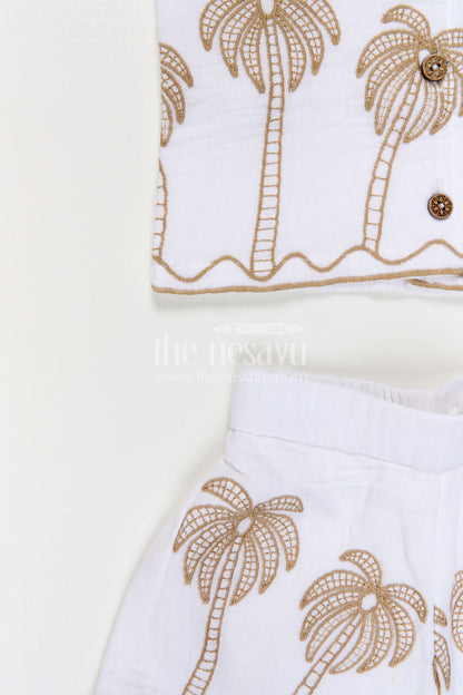 The Nesavu Girls Co-Ord Sets Girls Co Ord Set for Summer Outings and Vacation Wear Nesavu Nesavu Girls Co Ord Set For Summer Outings And Vacations With Muslin Cotton And Palm Embroidery Design