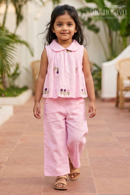 The Nesavu Girls Co-Ord Sets Girls Co Ord Sets for Casual Outings and Daily Wear Nesavu 18 (2Y) / Pink / Cotton Blend GCS062A-18 Nesavu Girls Co Ord Set For Casual Wear Blend Cotton With Thread Embroidery Matching Outfit