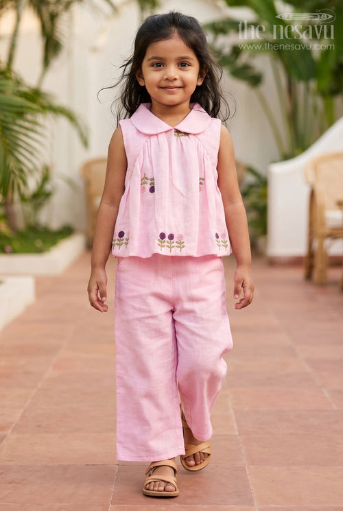 The Nesavu Girls Co-Ord Sets Girls Co Ord Sets for Casual Outings and Daily Wear Nesavu 18 (2Y) / Pink / Cotton Blend GCS062A-18 Nesavu Girls Co Ord Set For Casual Wear Blend Cotton With Thread Embroidery Matching Outfit