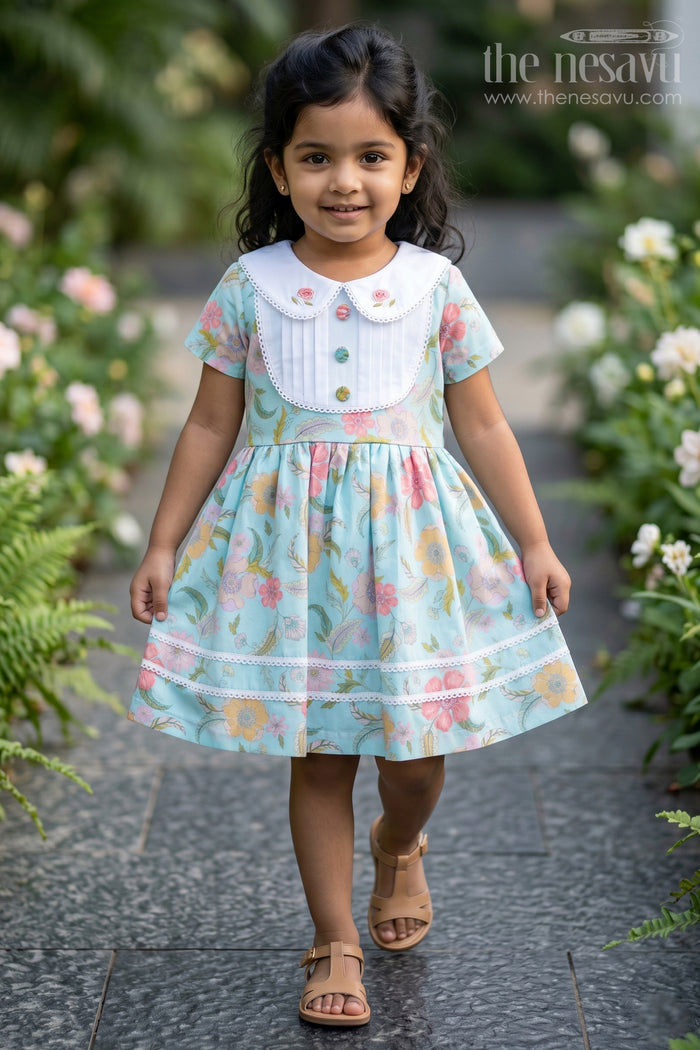 The Nesavu Girls Cotton Frock Girls Cotton Blend Casual Dresses with Floral Prints and Peter Pan Collar for Everyday Comfort Nesavu 20 (3Y) / Green GFC1626B-20 Girls Cotton Blend Casual Dress Floral Prints Peter Pan Collar Everyday Wear | The Nesavu