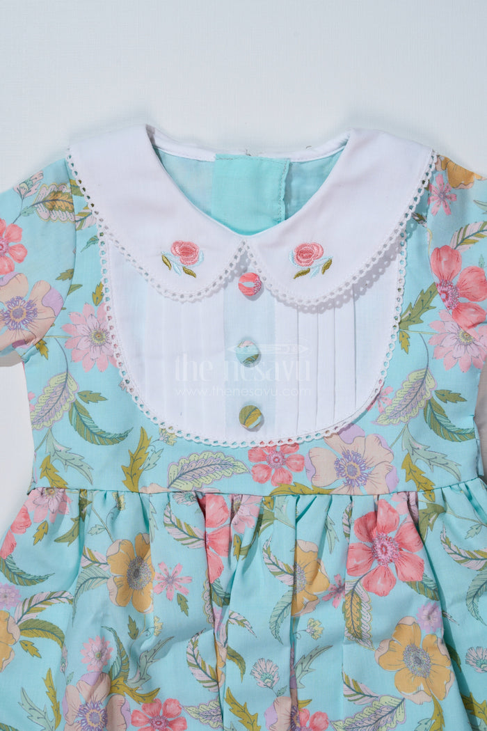 The Nesavu Girls Cotton Frock Girls Cotton Blend Casual Dresses with Floral Prints and Peter Pan Collar for Everyday Comfort Nesavu Nesavu Girls Cotton Blend Casual Dress Floral Prints Peter Pan Collar Everyday Wear