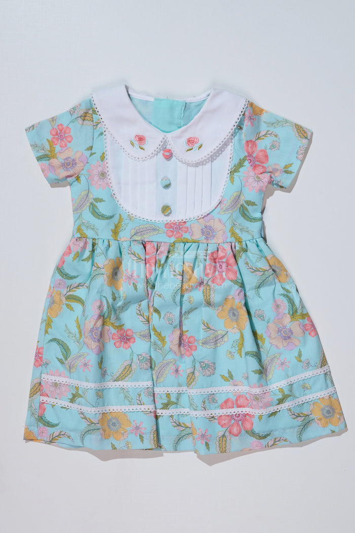 The Nesavu Girls Cotton Frock Girls Cotton Blend Casual Dresses with Floral Prints and Peter Pan Collar for Everyday Comfort Nesavu 20 (3Y) / Green GFC1626B-20 Girls Cotton Blend Casual Dress Floral Prints Peter Pan Collar Everyday Wear | The Nesavu