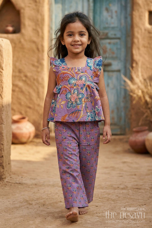 The Nesavu Girls Co-Ord Sets Girls Cotton Co Ord Set for Casual Outings and Summer Dress Wear Nesavu 16 (1Y) / Purple / Cotton GCS006B-16 Nesavu Girls Cotton Co Ord Set With Digital Print For Summer Casual Outings And Everyday Wear