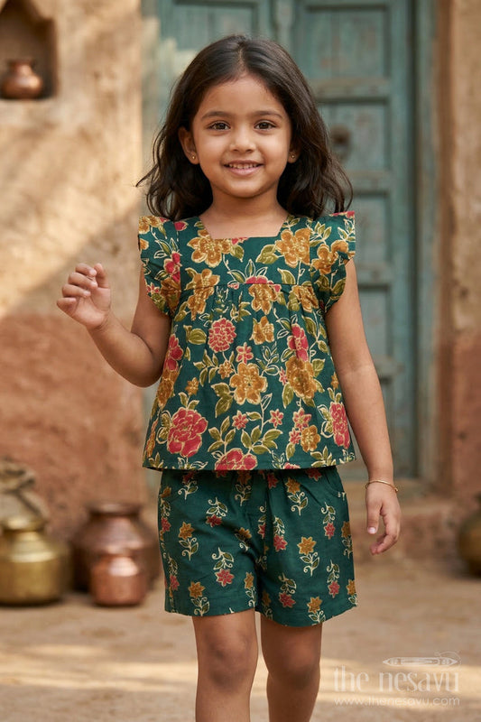 The Nesavu Girls Co-Ord Sets Girls Cotton Co Ord Set for Casual Outings Nesavu 16 (1Y) / Green / Cotton GCS014A-16 Nesavu Girls Cotton Co Ord Set With Digital Print For Casual Outings Festive Wear And Summer Comfort