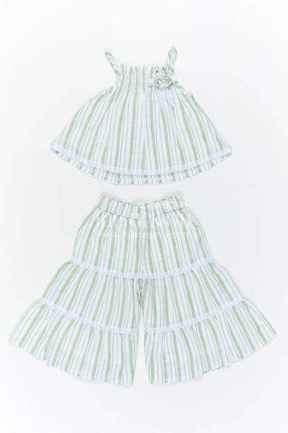 The Nesavu Girls Co-Ord Sets Girls Cotton Co Ord Set for Casual Wear and Summer Comfort Nesavu Nesavu Girls Green Cotton Co Ord Set With Striped Design For Casual Wear And Breathable Summer Comfort