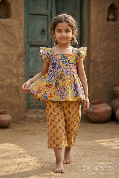 The Nesavu Girls Co-Ord Sets Girls Cotton Co Ord Set for Summer Outings and Casual Wear Nesavu 16 (1Y) / Yellow / Cotton GCS001A-16 Nesavu Girls Cotton Co Ord Set With Digital Print For Summer Outings And Casual Wear