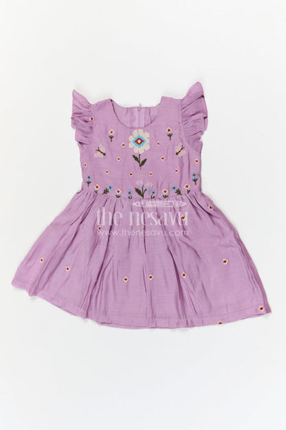 The Nesavu Girls Cotton Frock Girls Cotton Embroidered Frock for Casual and Festive Wear Nesavu Nesavu girls purple cotton frock with thread embroidery for casual and festive wear