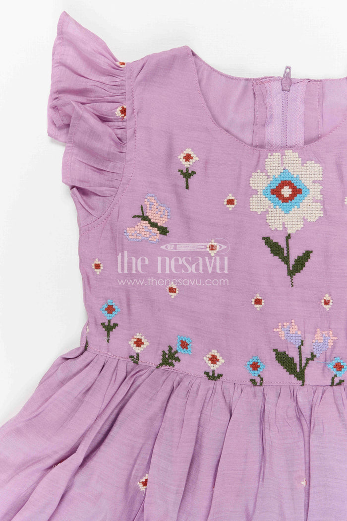 The Nesavu Girls Cotton Frock Girls Cotton Embroidered Frock for Casual and Festive Wear Nesavu Nesavu girls purple cotton frock with thread embroidery for casual and festive wear