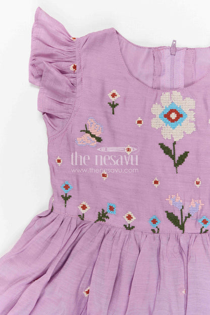 The Nesavu Girls Cotton Frock Girls Cotton Embroidered Frock for Casual and Festive Wear Nesavu Nesavu girls purple cotton frock with thread embroidery for casual and festive wear