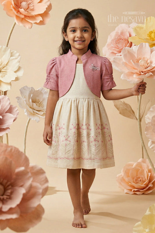 The Nesavu Girls Cotton Frock Girls Cotton Embroidered Frock for Casual Outings and Summer Wear Nesavu 20 (3Y) / Peach / Cotton GFC2171A-20 Nesavu girls cotton embroidered frock in peach for summer casual wear