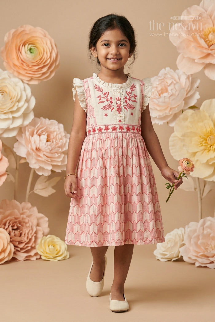 The Nesavu Girls Cotton Frock Girls Cotton Embroidered Frock for Festive Playdates and Family Gatherings Nesavu 20 (3Y) / Peach / Cotton GFC2155A-20 Nesavu Girls Cotton Embroidered Frock With Patterned Skirt For Festive Playdates
