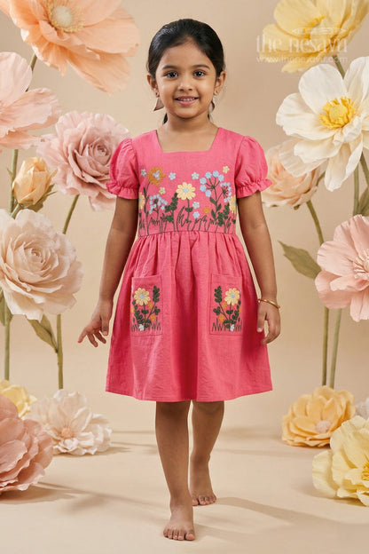 The Nesavu Girls Cotton Frock Girls Cotton Frock for Birthday Celebrations and Playful Outings Nesavu 18 (2Y) / Red / Cotton GFC2150A-18 Nesavu Girls Cotton Embroidered Frock For Birthday Parties And Playful Summer Outings