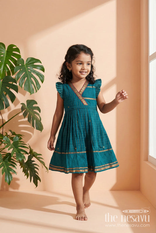 The Nesavu Girls Cotton Frock Girls Cotton Frock for Ethnic Day and Cultural School Events Nesavu 22 (4Y) / Blue / Cotton GFC2068A-22 Nesavu girls cotton frock for ethnic day at school with traditional South Indian pleated design