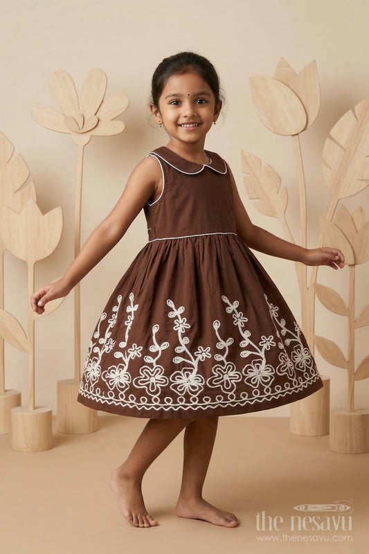 The Nesavu Girls Cotton Frock Girls Cotton Frock for Festive Occasions and Family Functions Nesavu 20 (3Y) / Brown / Cotton GFC2127B-20 Nesavu girls cotton frock with thread embroidery for festive occasions family celebrations and gatherings