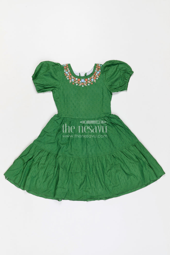 The Nesavu Girls Cotton Frock Girls Cotton Frock for Festive Outings and Family Celebrations Nesavu Nesavu girls cotton dobby frock with embroidered neckline for festive events and family celebrations