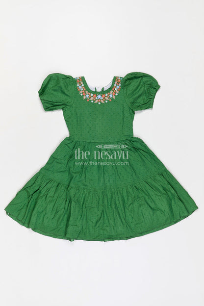 The Nesavu Girls Cotton Frock Girls Cotton Frock for Festive Outings and Family Celebrations Nesavu Nesavu girls cotton dobby frock with embroidered neckline for festive events and family celebrations