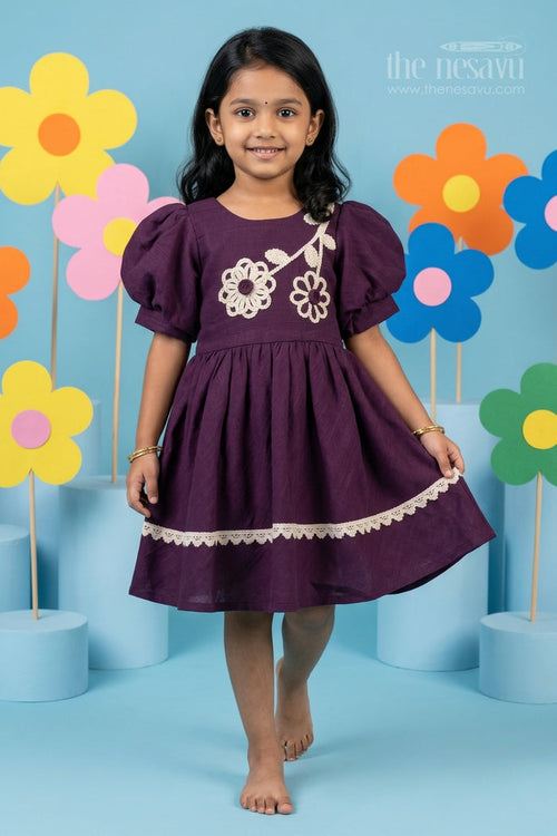 The Nesavu Girls Cotton Frock Girls Cotton Frock for Festive Outings and Family Functions Nesavu 20 (3Y) / Purple / Cotton Blend GFC2144C-20 Nesavu girls cotton frock for festive outings and family celebrations with floral thread embroidery