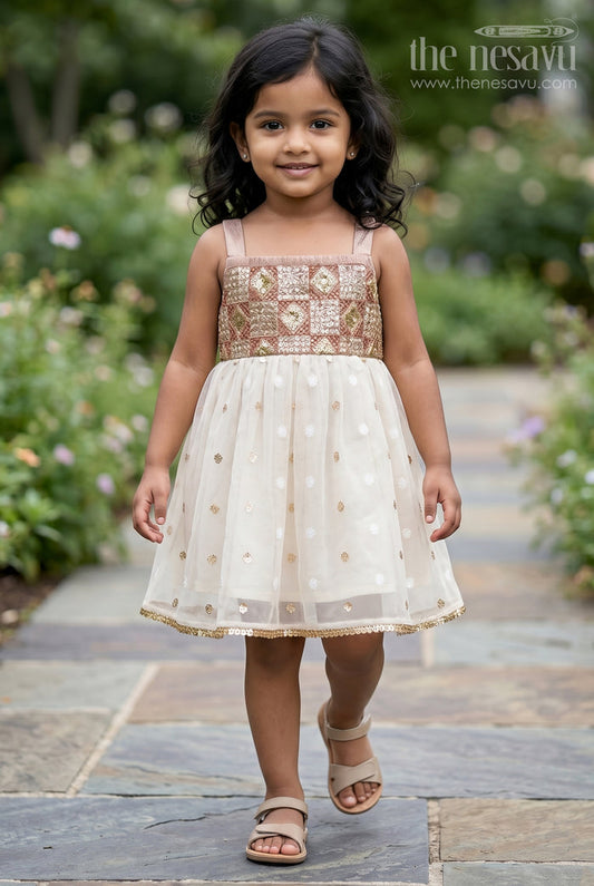 The Nesavu Girls Cotton Frock Girls Cotton Frock for Festive Wear and Special Occasions Nesavu 14 (6M) / Cream / Cotton GFC2247A-14 Nesavu Girls Cotton Frock With Sequence Embroidery For Festive Wear And Special Occasions