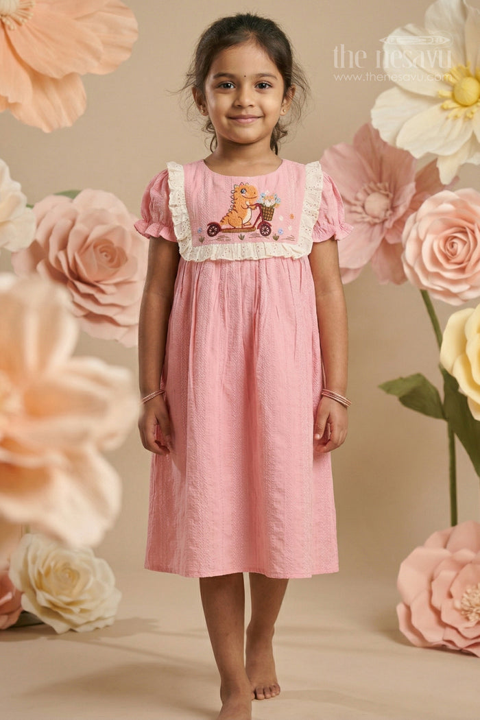 The Nesavu Girls Cotton Frock Girls Cotton Frock for Playful Days and Cheerful Outings Nesavu 14 (6M) / Pink / Cotton GFC2154B-14 Nesavu Girls Cotton Embroidered Frock With Playful Character Patch For Casual Outings